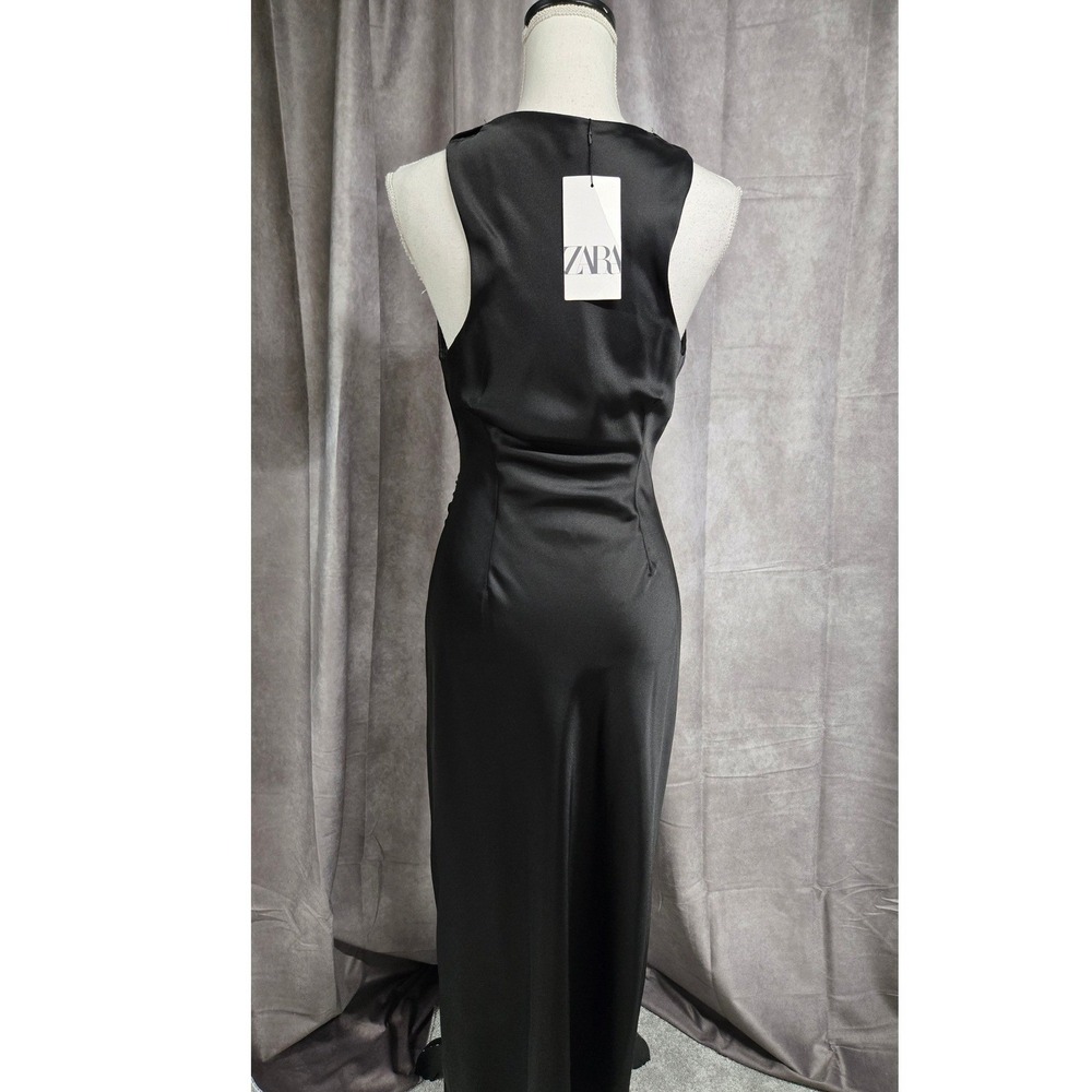 Zara Satin High Neck Ruched Maxi Dress Sleeveless‎ Formal Evening Black Size S - Picture 9 of 11